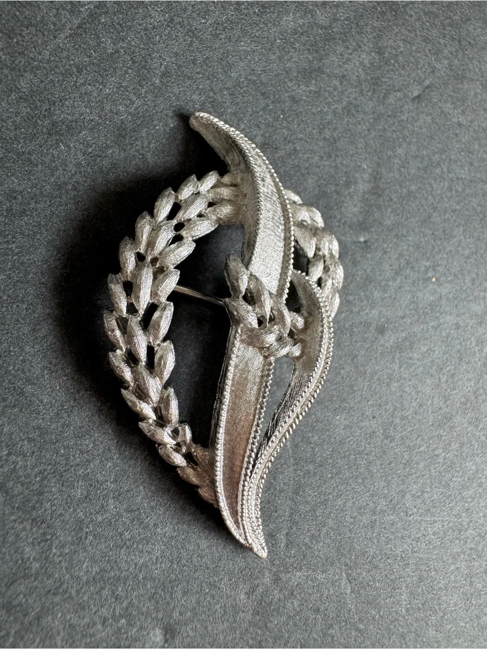 Vintage Trifari Brooch Brushed Silver Pin Wheat Leaf Crest Grandma Jewelry Retro